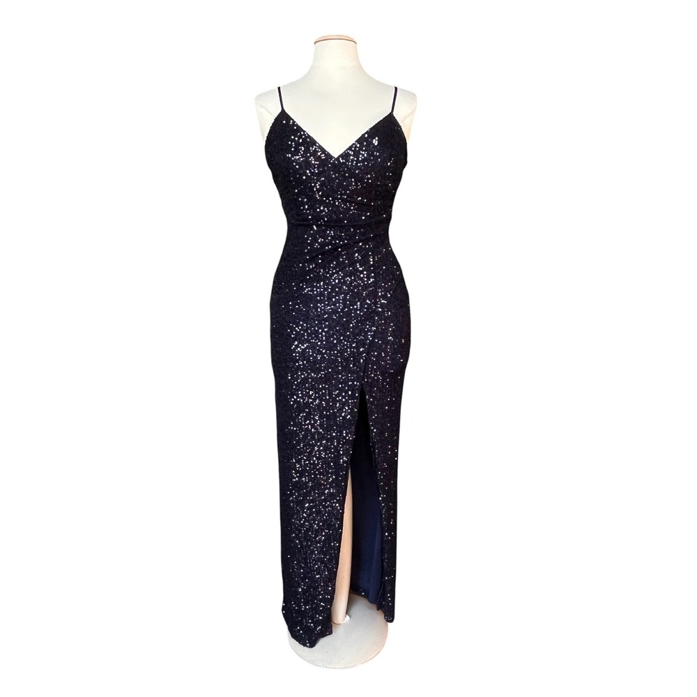 Navy Blue Sequin Spaghetti Strap Maxi Dress Prom Formal Evening Gown Bodycon
